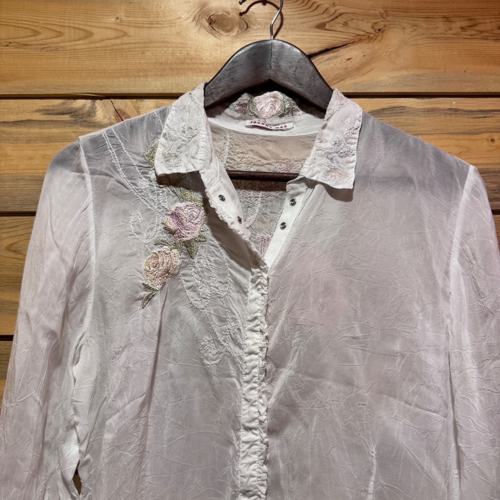 Johnny Was Embroidered Life & Liberty Sheer Blouse Flowers Wedding Bridal Btn Up - Picture 3 of 10